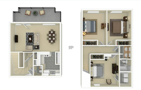 A floor plan of a two-bedroom apartment with a living room, kitchen, and bathroom.